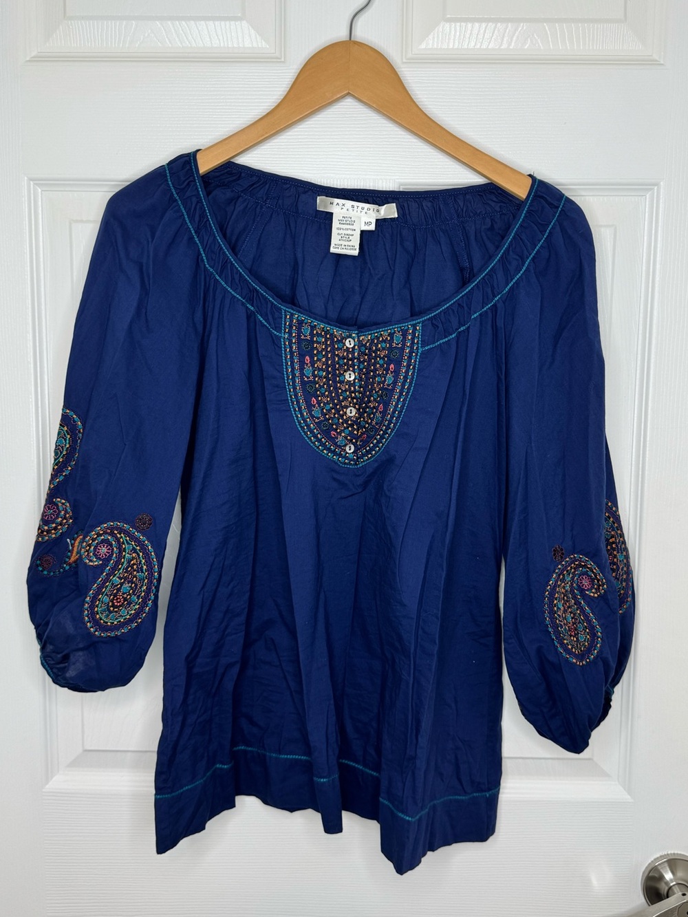 Max Studio Petite Boho Embroidered Paisley Blouse Navy Blue Size MP